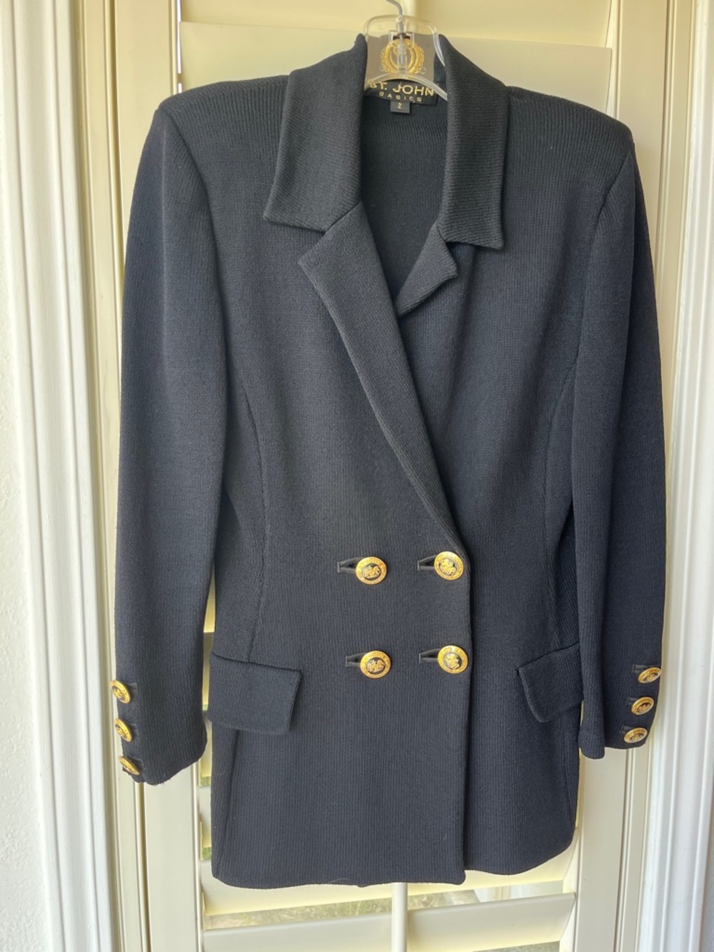 St. John Black Double-Breasted Knit Blazer with Gold Buttons